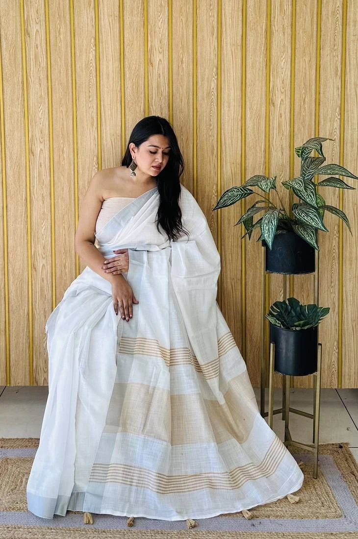 Pure Cotton Linen Solid Saree with Zalar Work & Matching Blouse