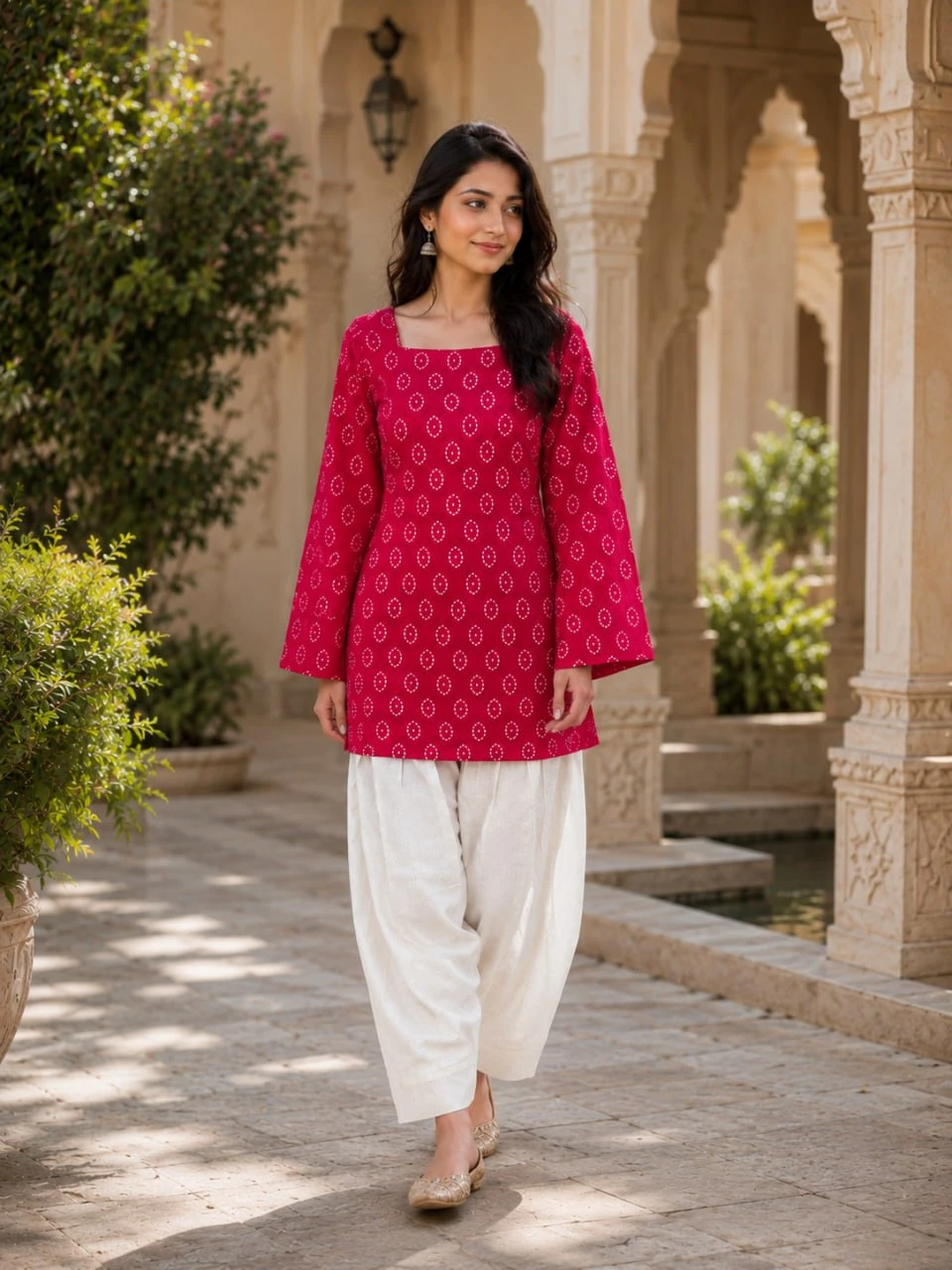 Cotton Bandhej Print Kurti With Linen Farsi Pant Set
