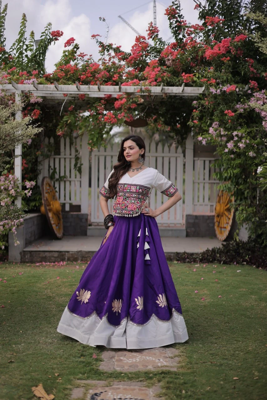 Navratri Special Roman Lehenga Choli Set With Kutchi Gamthi Embroidery & Mirror Lace