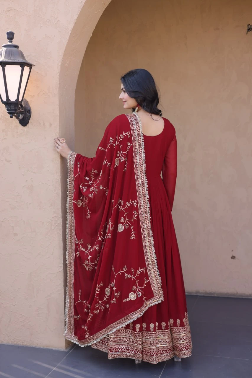 Premium Faux Blooming Embroidered Gown With Sequins Dupatta