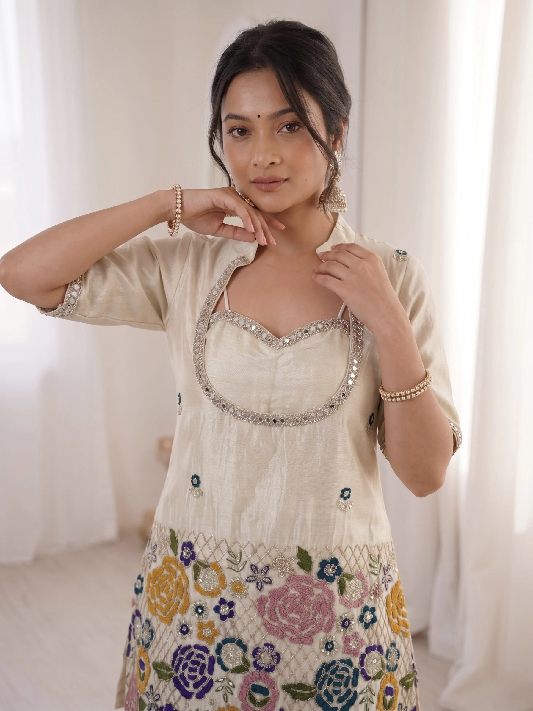 Premium Ivory Tissue Shimmer Silk Co-Ord Set for Women | Mirror Work | Party Wear
