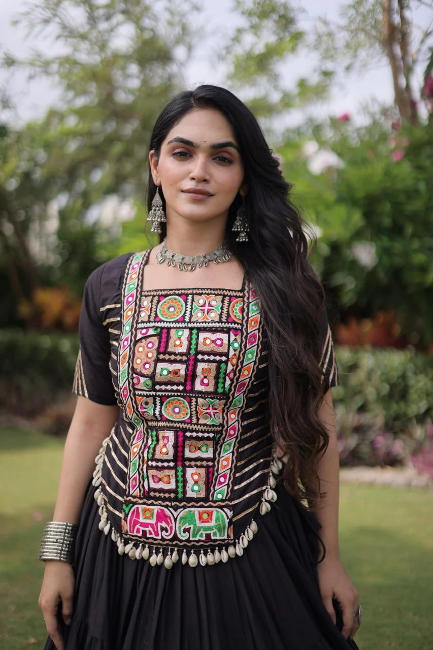 Black Navratri Lehenga Choli for Women | Kora Cotton Garba Dress