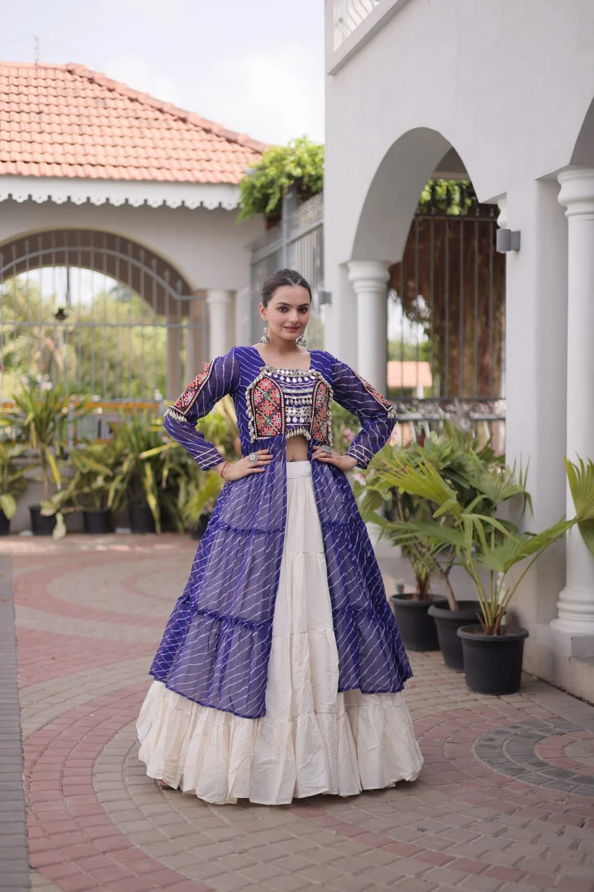 Designer Laheriya Print Kurti with Kutchi Patchwork | Full Sleeve Faux Georgette Kurti