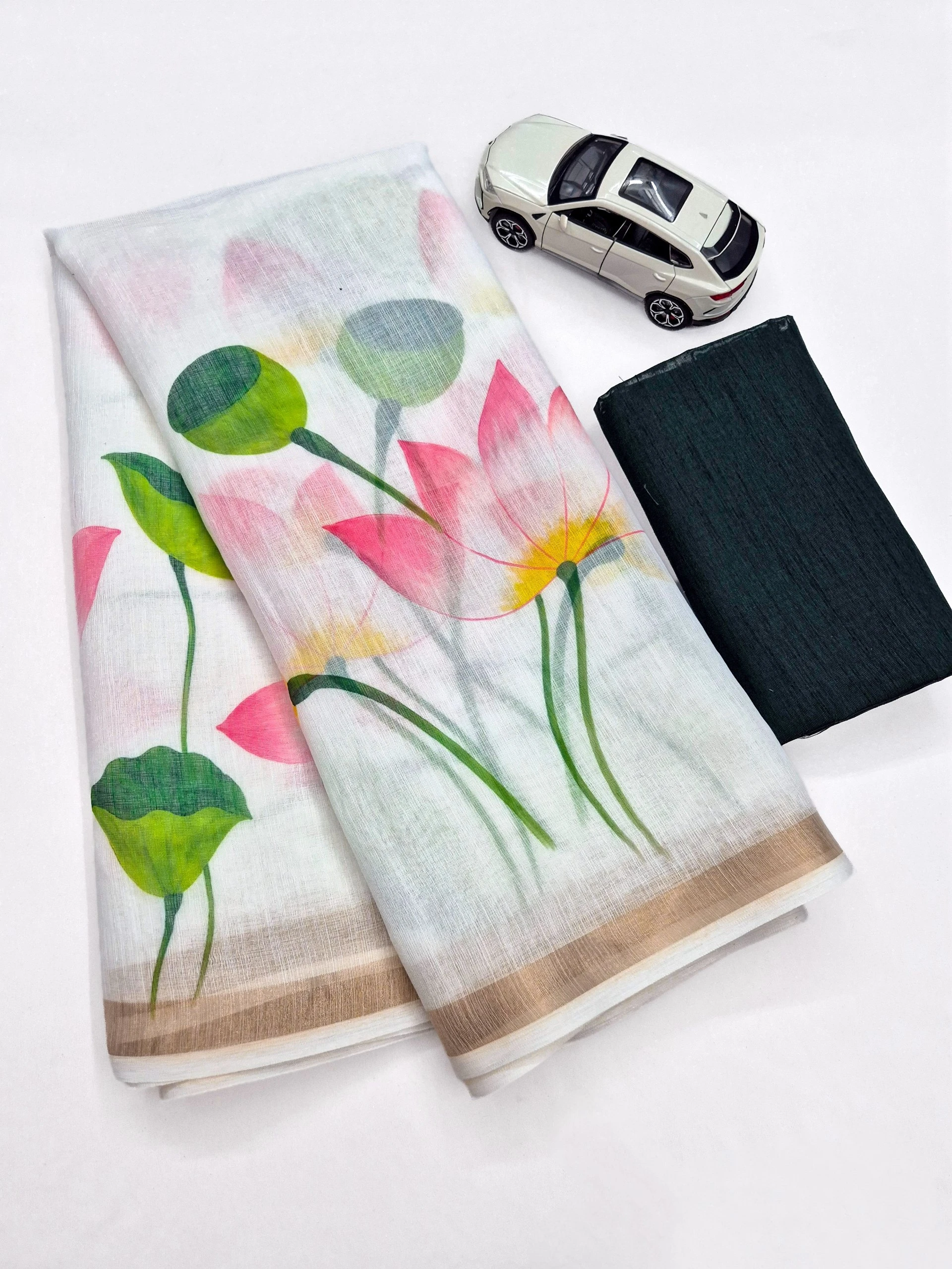 Premium Linen Digital Print Saree with Gold Zari Border & Matching Digital Blouse