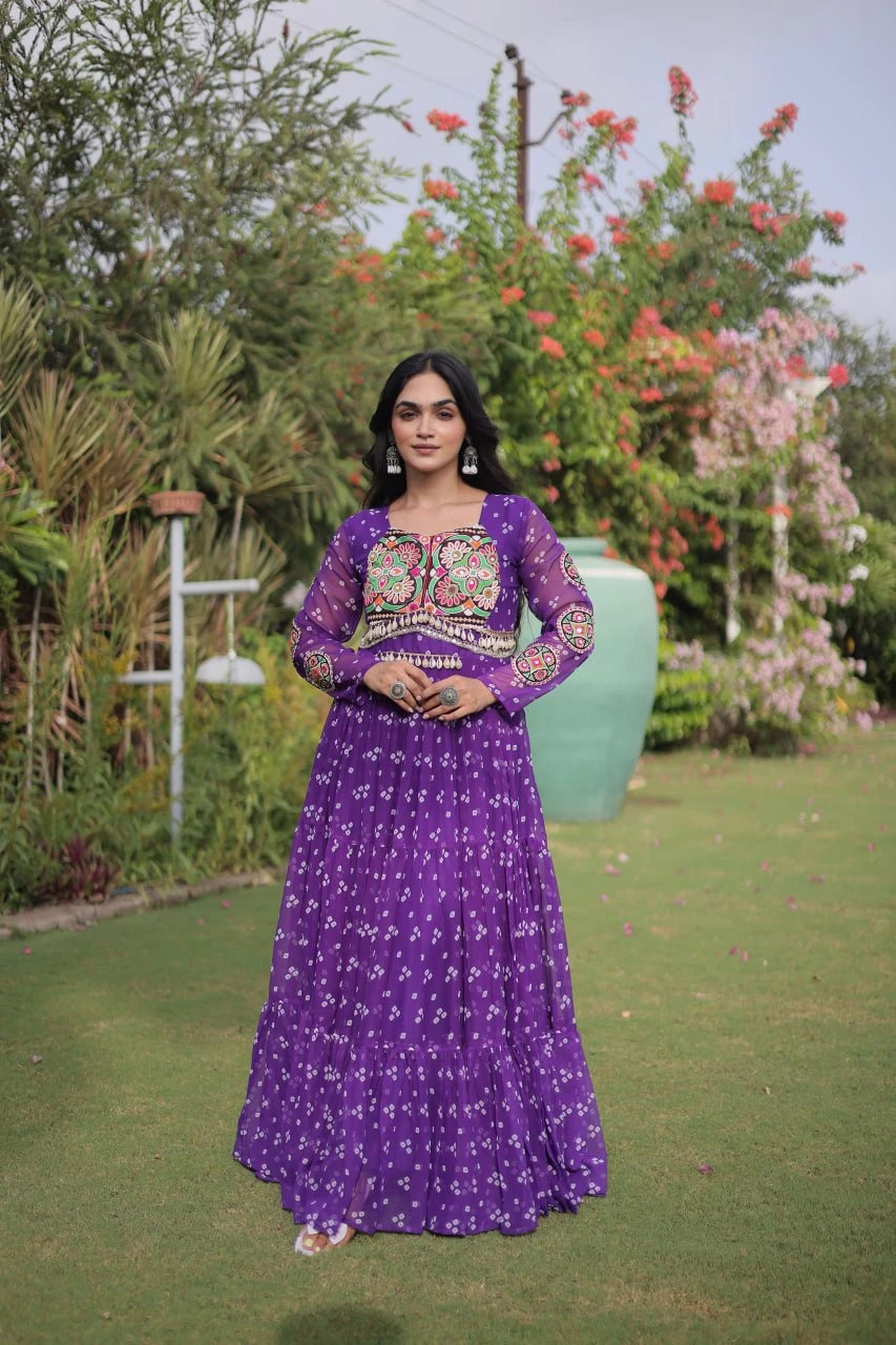 Women's Bandhani Print Faux Georgette Gown with Kutchi Patchwork | Full Sleeves | Free Shipping | COD Available