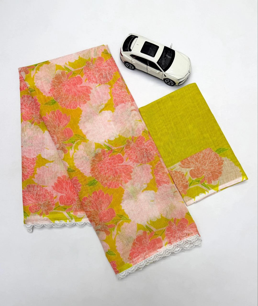 Premium Soft Linen Digital Print Saree with Fancy Lace Border & Blouse