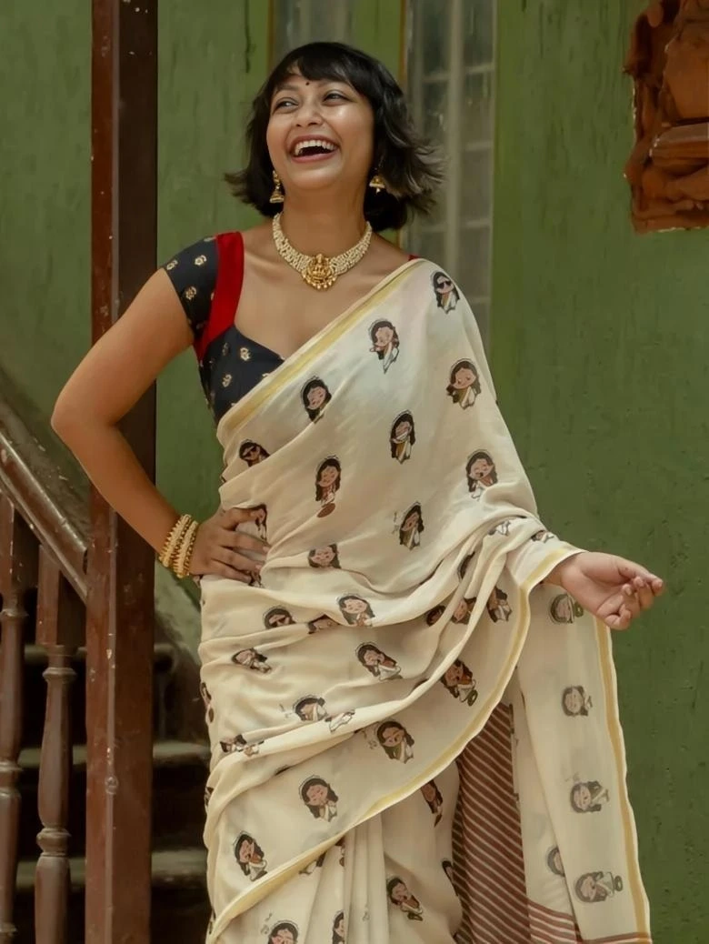 South Indian Style Linen Saree with Gold Jari Border & Digital Print with Matching Blouse