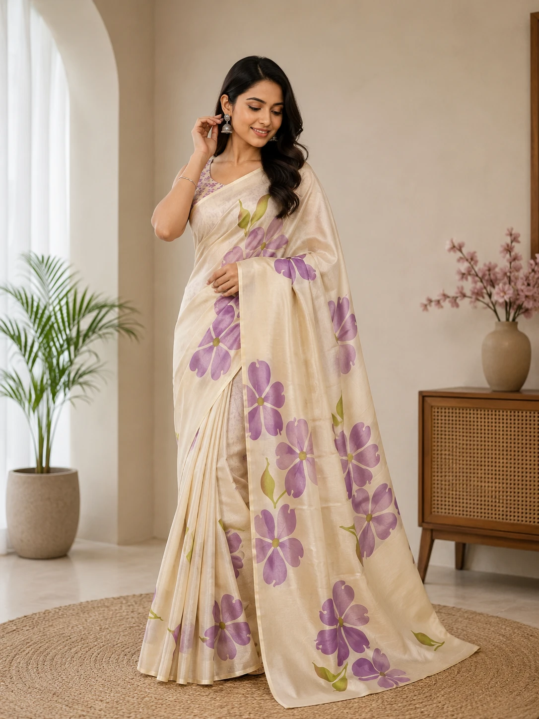 Purple Floral Linen Tissue Silk Saree with Matching Blouse