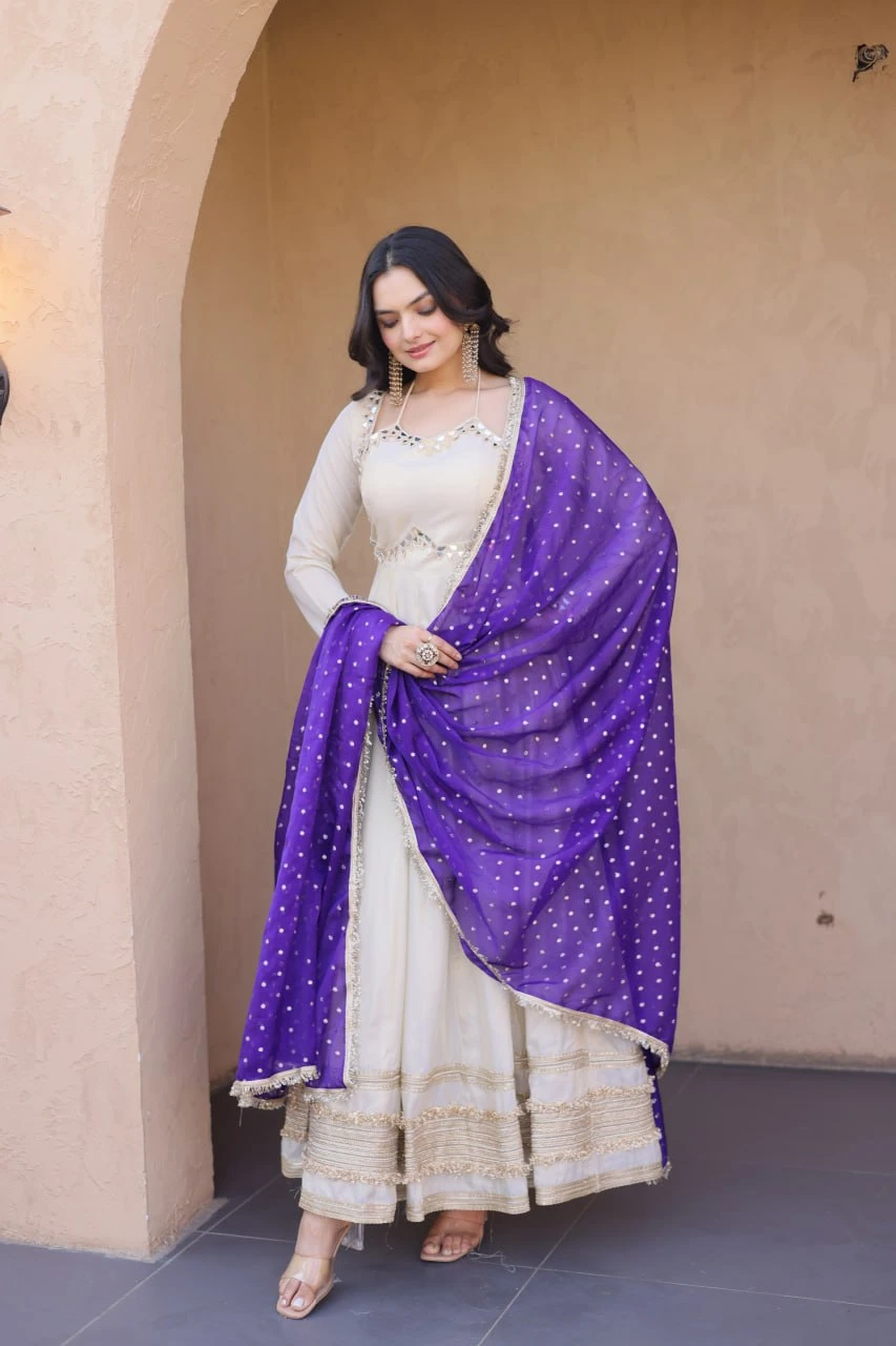 Cosmos Mirror Work Gown with Dupatta