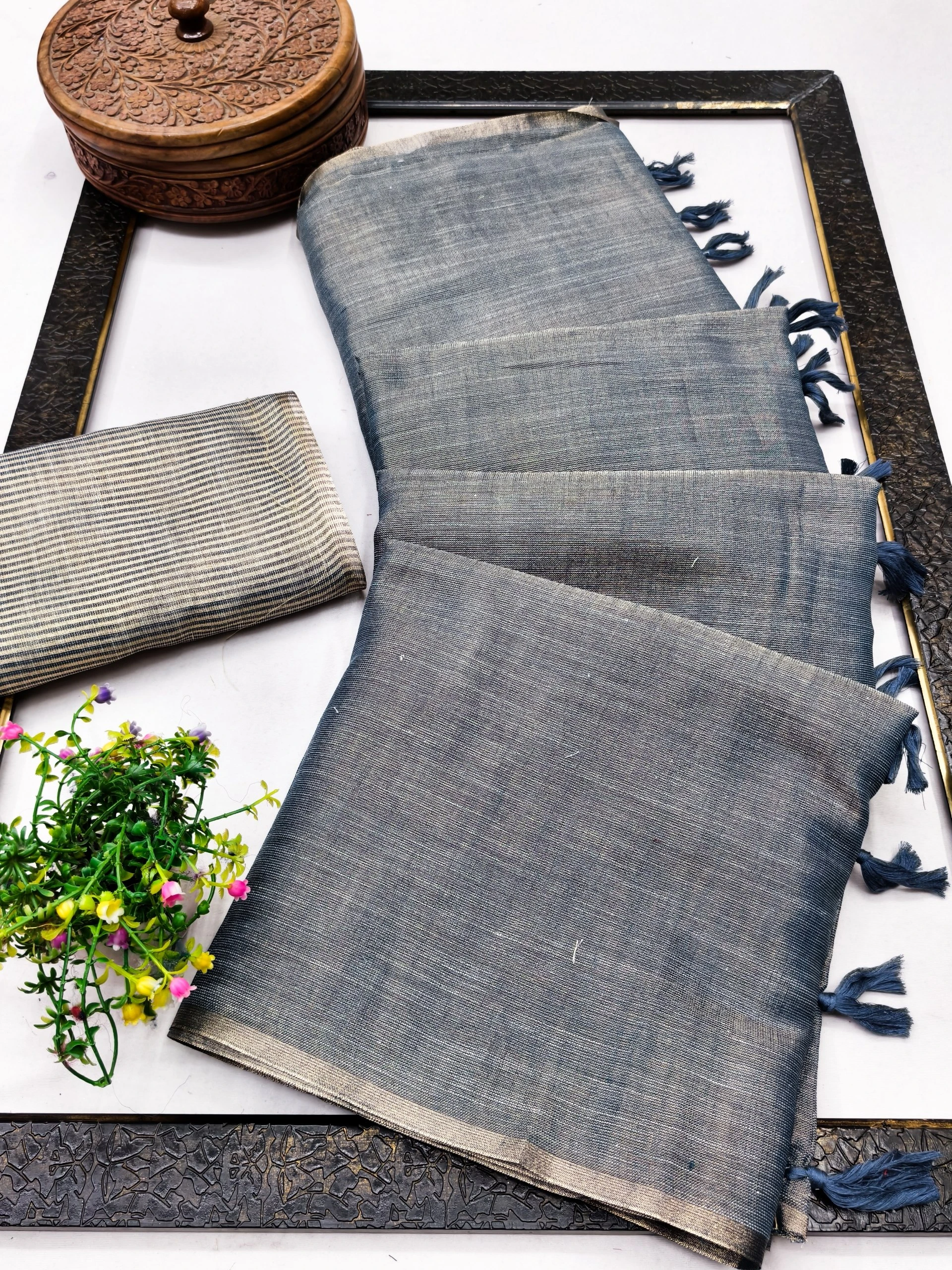 Premium Linen Tissue Saree with Jacquard Weaving | Pure Mysore Silk Blouse