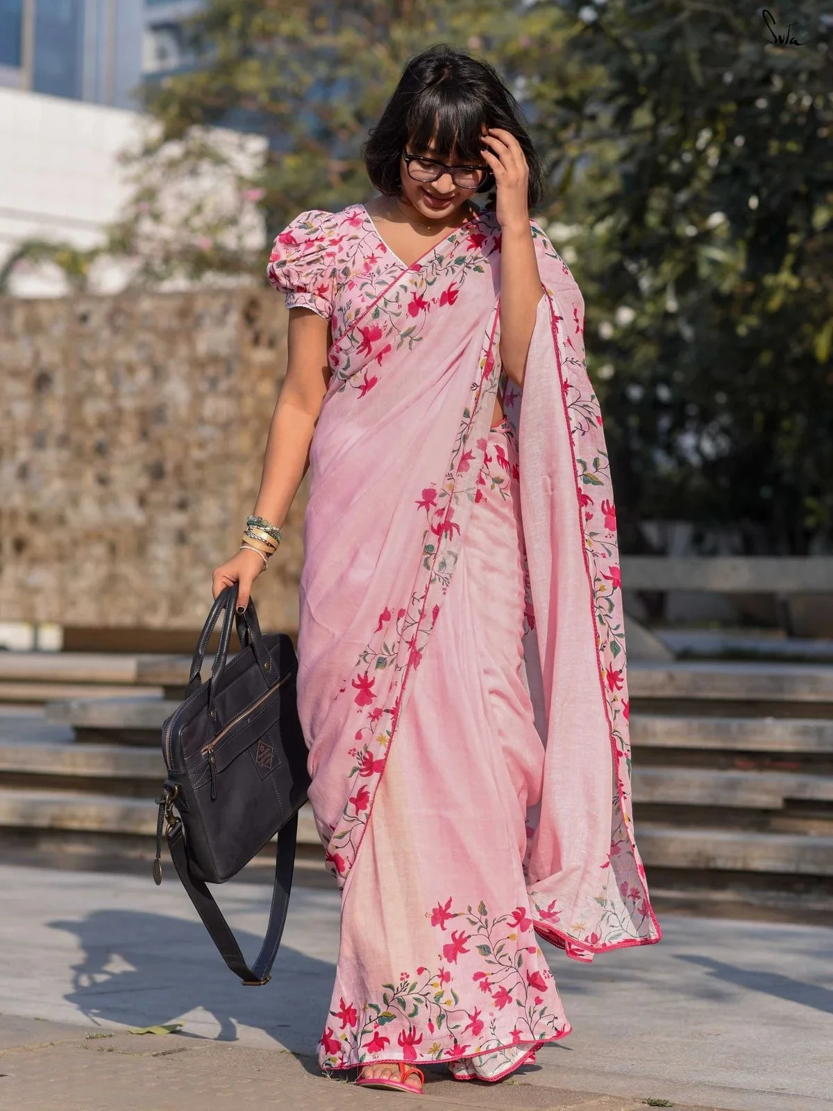 Designer Plain Linen Saree with Digital Print | Soft Linen Blouse | Free Delivery & COD Available