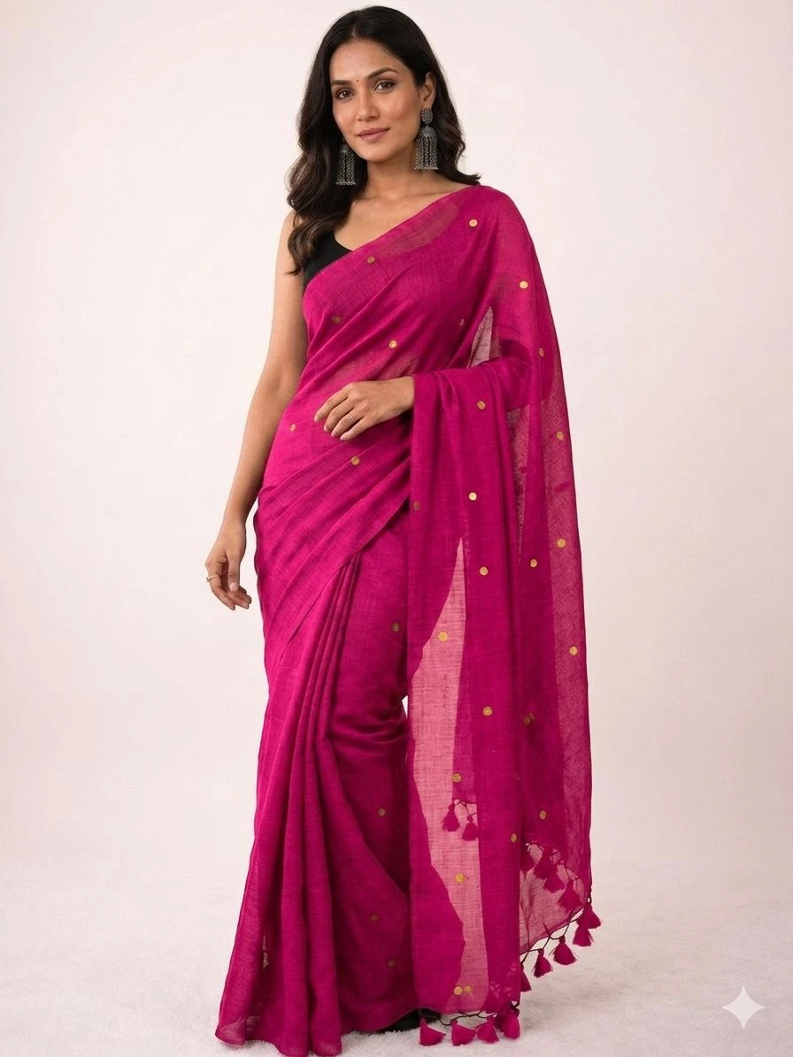 Pure Khadi Cotton Saree with Gini Work | Running Blouse | Free Delivery & COD Available