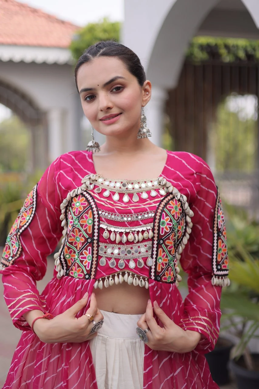 Designer Laheriya Print Kurti with Kutchi Patchwork | Full Sleeve Faux Georgette Kurti