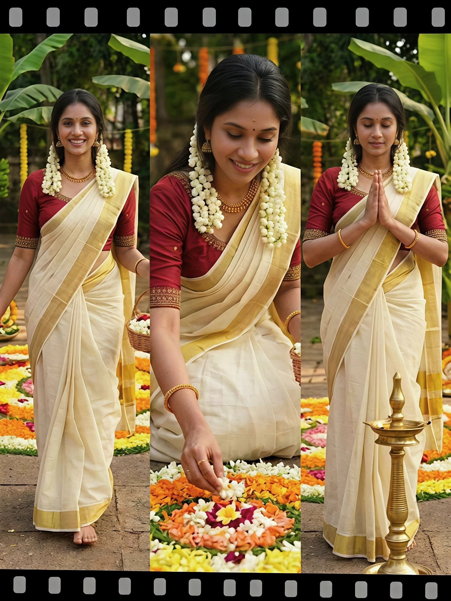 Chiku Linen Saree with Gold Jari Kerala Border & Embroidered Blouse | Mangalya New Design