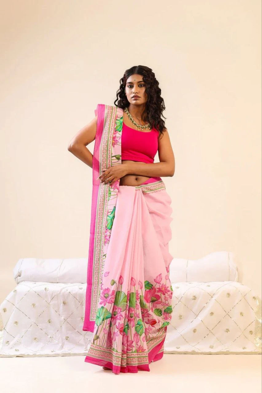 Plain Soft Linen Digital Print Saree with Bangaloiry Satin Blouse