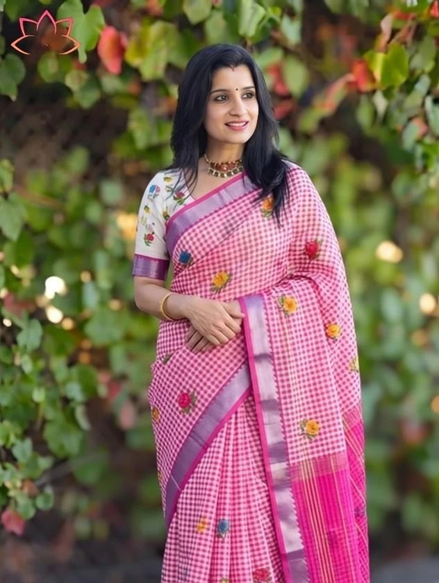 Soft Linen Digital Print Saree with Mangalagiri Border & Matching Blouse | 6.30 Meter