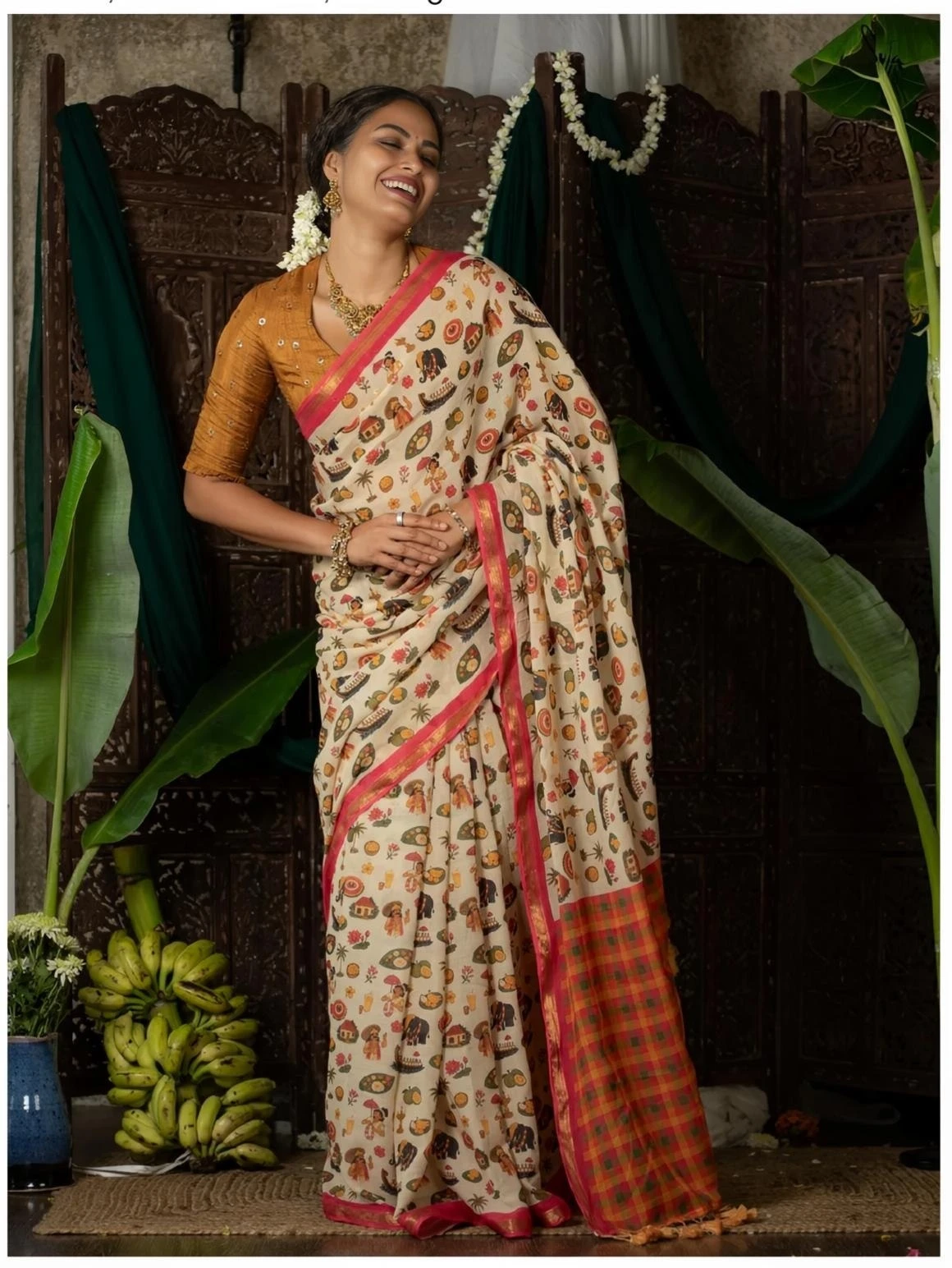 Women’s Linen Saree with Gold Jari Border & Digital Print with Matching Blouse