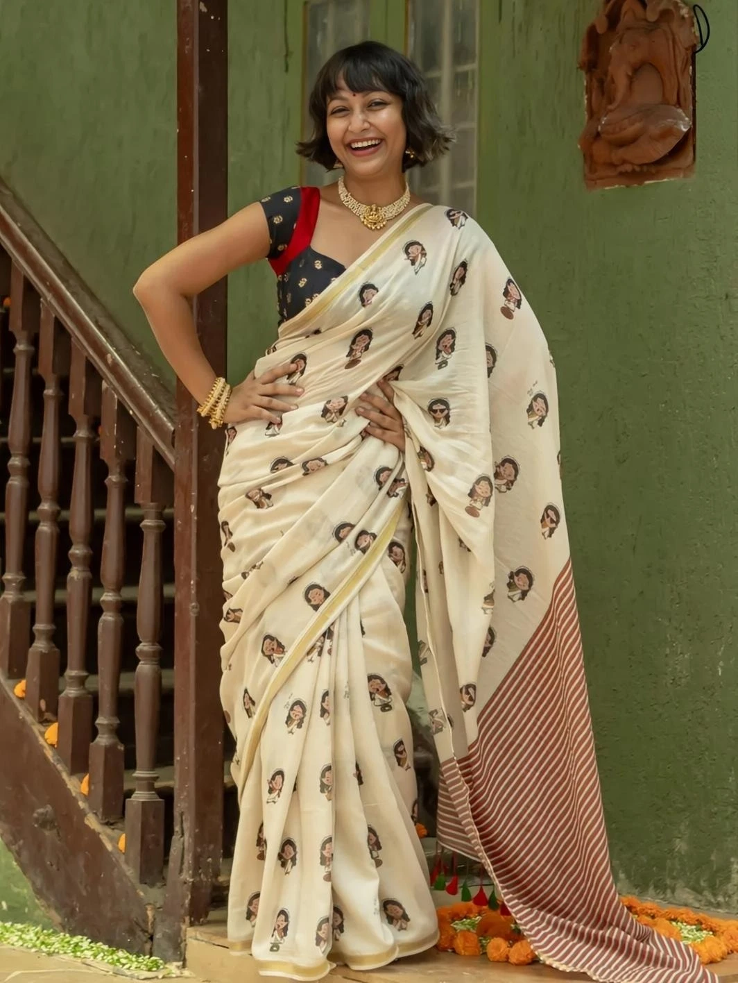 South Indian Style Linen Saree with Gold Jari Border & Digital Print with Matching Blouse