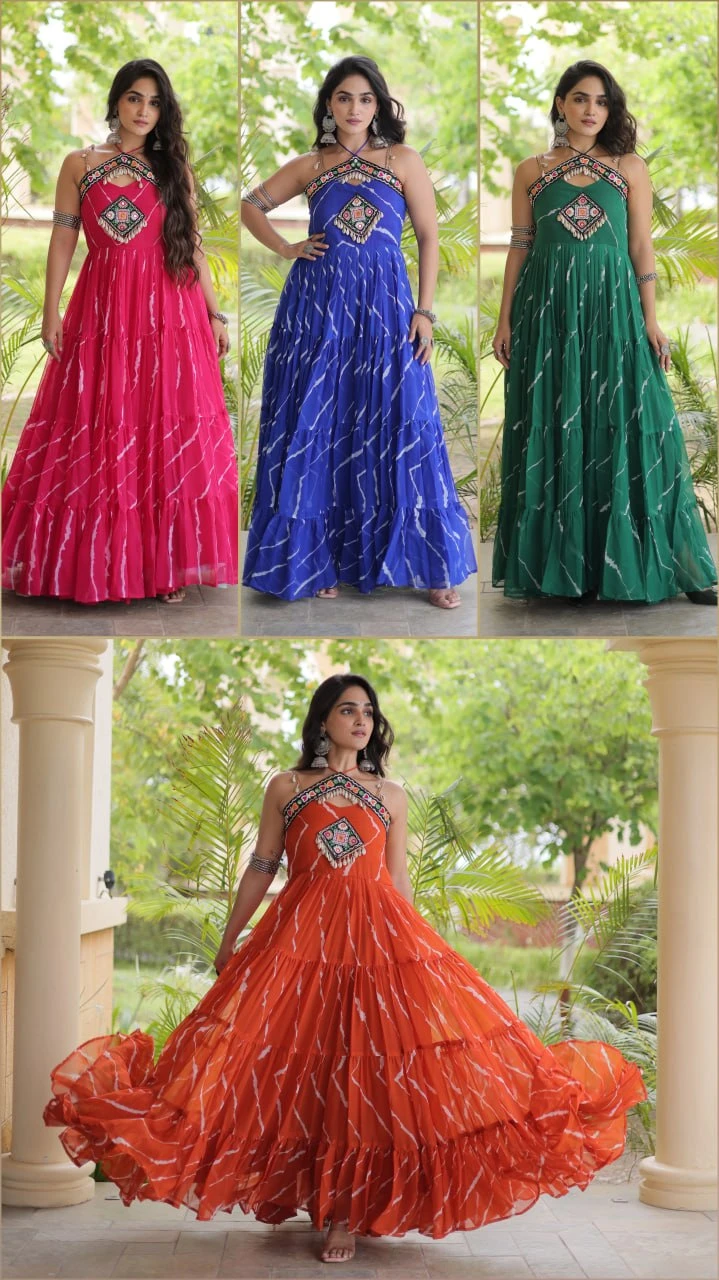 Women’s Faux Georgette Laheriya Print Gown with Kutchi Patchwork
